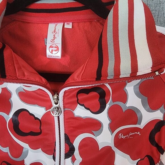 Pepe Jeans Women's Track Jacket Medium Red Heart Print Full Zip Retro Sportswear - Picture 4 of 11